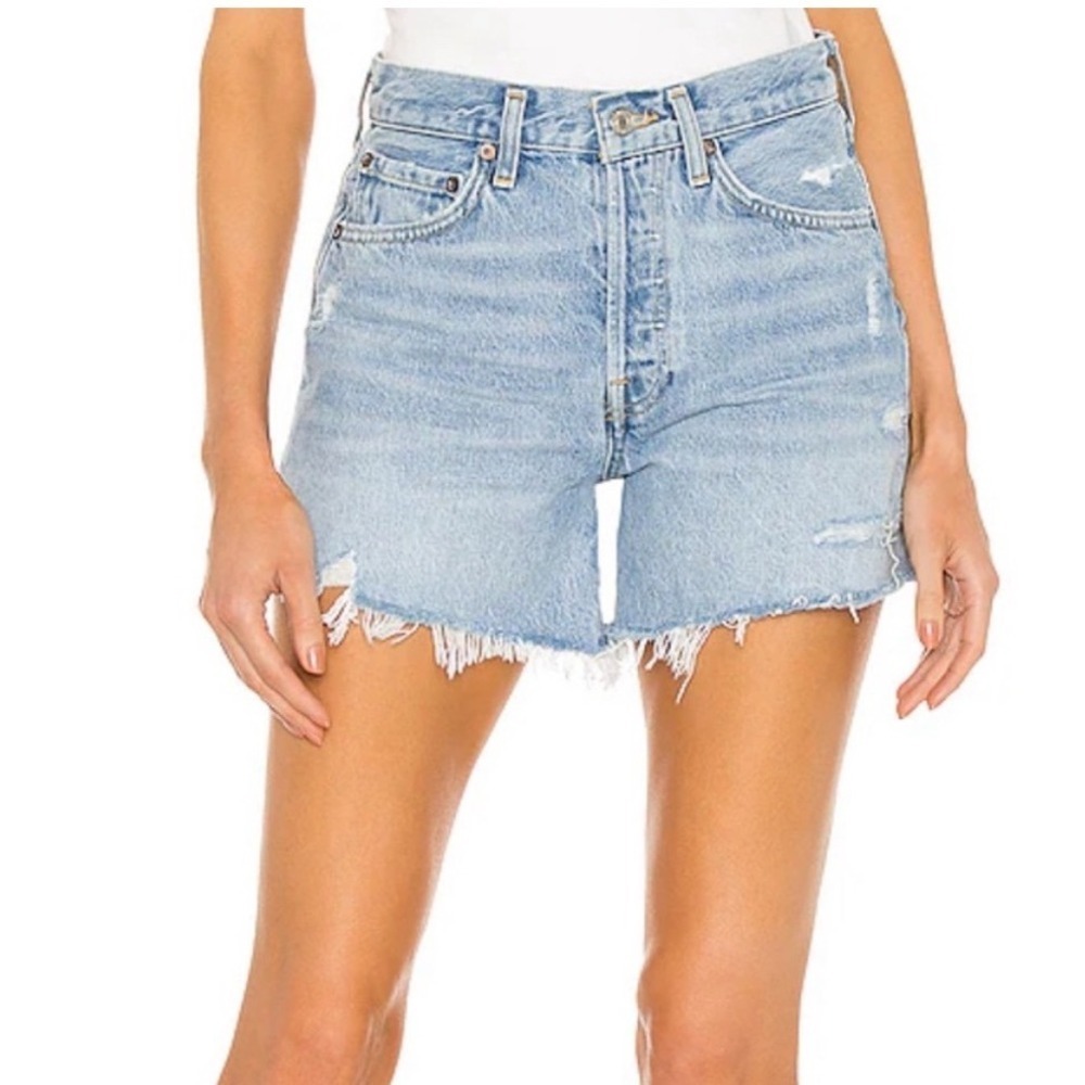 Agolde Parker Long Distressed Denim Cut Off Shorts - 26